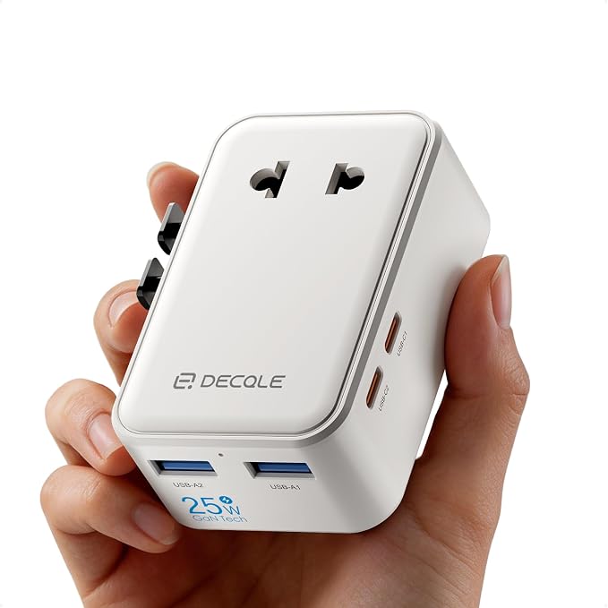 “Air” Universal Travel Adapter 2 USB-C＆ 2 USB-A Cover 200+ Countries | PD 25W, International Plug Adapter, All in One Portable Adapter, NOT A Voltage Converter, for USA, UK, EU, AU (White)