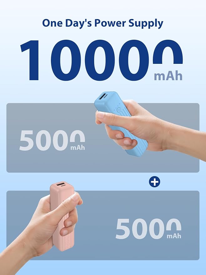 Miady 2-Pack Small Portable Charger 5000mAh Power Bank Travel Battery Pack | Dual USB丨Pocket Size丨Lightweight丨for Backpack丨Compatible with iPhone Android etc丨18.5Wh丨Flight-Safe丨Ultra-Compact丨Blue+Pink