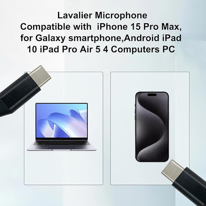 Type C Lavalier Microphone Compatible with iPhone 17/16/15 Pro Max,for Galaxy S25 S24 S23 S22 S21 Smartphone USB C Android Devices, iPad 10 iPad Pro Air 5 4 Computers PC for Live Streaming,3M