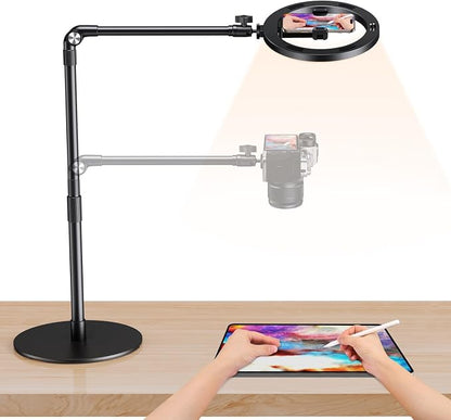 elitehood Overhead Phone Mount with Light for Video Recording, Adjustable Desk Ring Light with Stand and Phone Holder, Heavy Duty Overhead Camera Mount Tripod for iPhone Cooking Video, Filming Meeting