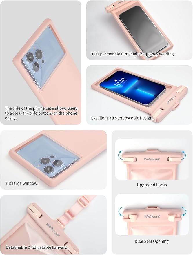 wellhouse Waterproof Phone Pouch, Waterproof Phone Case for iPhone 17 16 15 14 13 Pro Max XS Samsung, IPX8 3D Cellphone Dry Bag Beach Essentials (2 Pack - Blue & Pink8.0, 8 inch)