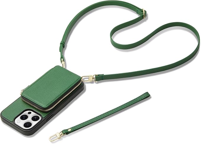 ZVE for iPhone 14 Pro Max Wallet Case for Women, Crossbody Phone Cover with Card Slots, RFID Blocking Purse with Wrist Strap Compatible with iPhone 14 Pro Max, 6.7"- Dark Green