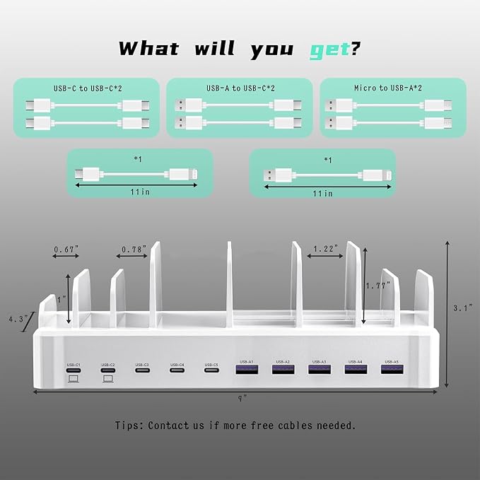 420W Charging Station for Multiple Devices, Zobirez 10-Port USB C Fast Charger Stations for MacBook, iPhone, Android Cell Phone, iPad, Tablet, Family Multi-Device Organizer Charging Dock, White
