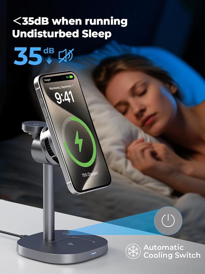 havit 3 in 1 Magnetic Wireless Charging Station, 15W Fast Charging Stand with Cooling Fan, Adjustable Phone Holder, Strong Magnet Charger for iPhone, Apple Watch & AirPods, 45W Adapter Included