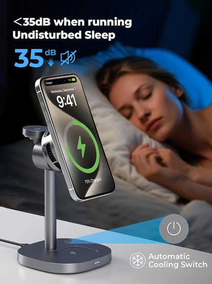 havit 3 in 1 Magnetic Wireless Charging Station, 15W Fast Charging Stand with Cooling Fan, Adjustable Phone Holder, Strong Magnet Charger for iPhone, Apple Watch & AirPods, 45W Adapter Included