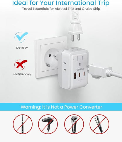 2 Pack European Travel Plug Adapter, VINTAR PD 20W Foldable Adapter for Europe Plug with 4 AC Outlets 3 USB Ports(2 USB C), Type C Adapter for US to Most of Europe EU Spain France Italy