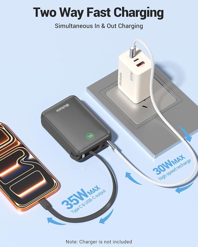 Hichain 20,000mAh 35W Power Bank Fast Charging Portable Charger Gray | for iPhone 17/16/15/14/13, iPad, Android, LED Display 4 Outputs Battery Pack Built in Dual Cables Portable Travel Charger