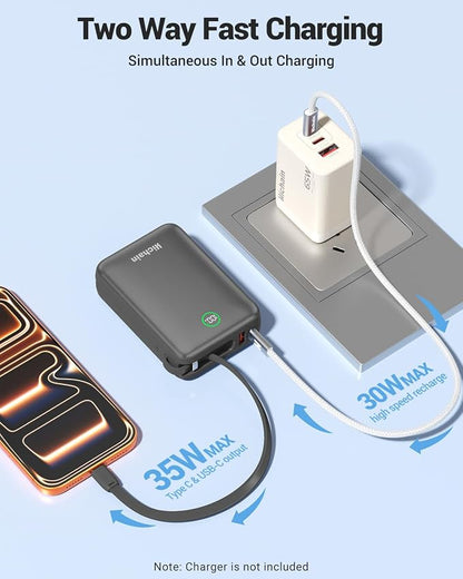 Hichain 20,000mAh 35W Power Bank Fast Charging Portable Charger Gray | for iPhone 17/16/15/14/13, iPad, Android, LED Display 4 Outputs Battery Pack Built in Dual Cables Portable Travel Charger