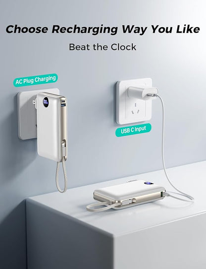 Power Bank, 50000 mAh Portable Charger with Built in Cable & Wall Plug, 22.5W Fast Charging, Travel Essential Battery Pack with LED Display for iPhone 17/16/15/14 Series, Galaxy, iPad White