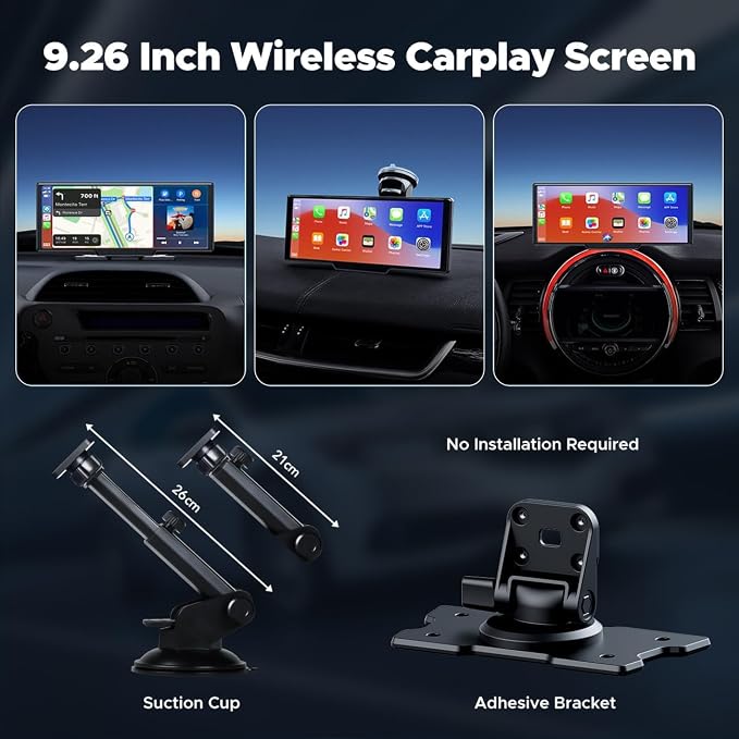 LAMTTO 9.26" Wireless Carplay and Android Auto with 2.5K Dash Cam, 1080P Backup Camera, Portable Touchscreen GPS Navigation for Car, Car Stereo Receiver with Bluetooth,AirPlay,AUX,FM,Googel,Siri