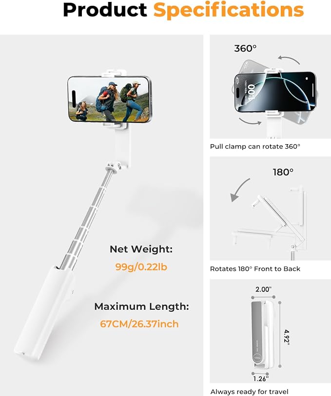 Selfie Stick with Wireless Remote – Portable Selfie Stick for iPhone & Android, Lightweight Foldable Travel Phone Holder for Cell Phone, for Photograph, Video Recording, Streaming, White