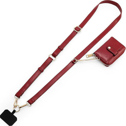 Diaclara Clip and Go Leather Phone Strap with Zipper Pouch- Stylish Crossbody Adjustable Lanyard with Wallet for All Phones, Wine Red