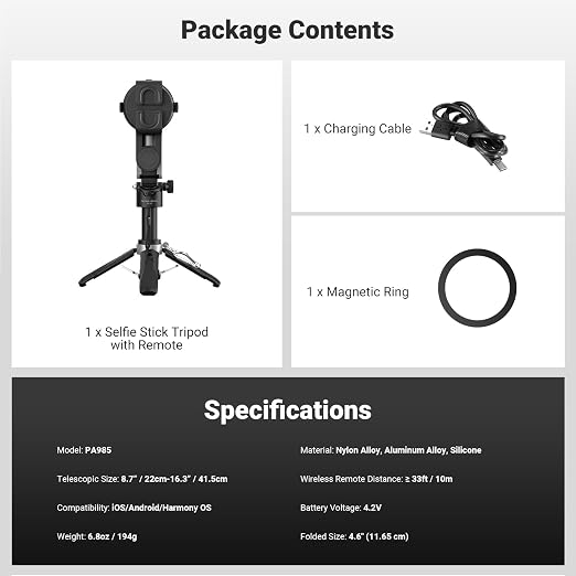 NEEWER BASICS Magnetic Selfie Stick Tripod Compatible with Magsafe iPhone Samsung Android, Portable Desk Cell Phone Stand Grip Holder Extendable with Detachable Remote for Video Recording, PA985 Black