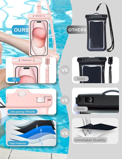 wellhouse Waterproof Phone Pouch, Waterproof Phone Case for iPhone17 16 15 14 13 Pro Max XS Samsung, IPX8 3D Cellphone Dry Bag Beach Essentials (2 Pack -Pink & White7.0, 7 inch)