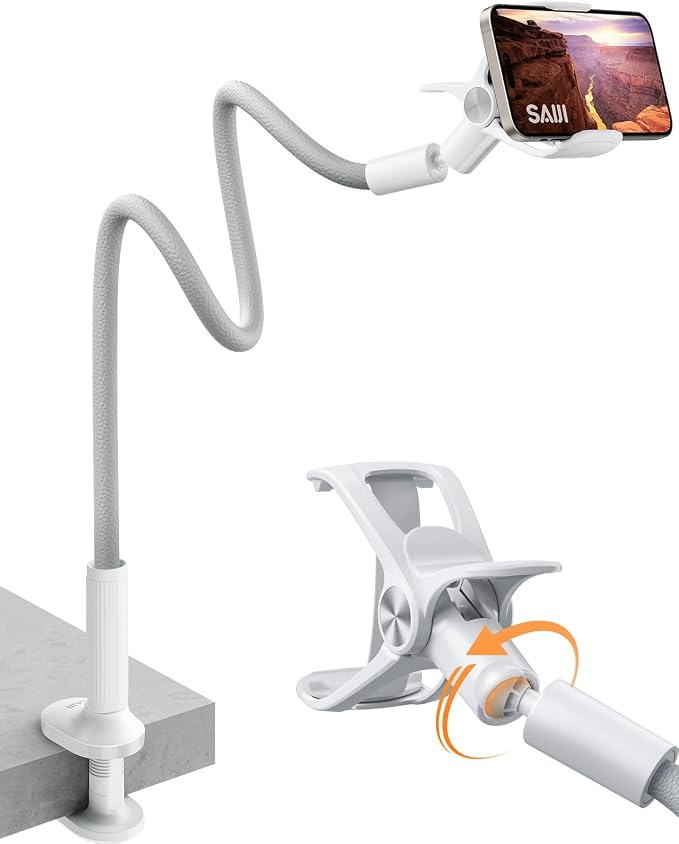 SAIJI Gooseneck Phone Stand for Bed, Lazy Bracket Cell Phone Holder Long Arm Clip Clamp Mount for Filming, Compatible with 4-7'' Mobile Cell Phone Stand Document Camera Nintendo Switch(Grey)