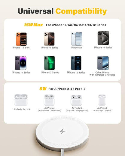 6FT Magnetic Wireless Charger Charging Pad - 15W Qi Fast Phone Charger Puck for Apple iPhone 17 16 15 14 13 12 Series & AirPods 4 3 2 Pro, Phone Charging Pad with Plug for Desk & Travel, 1Pack White