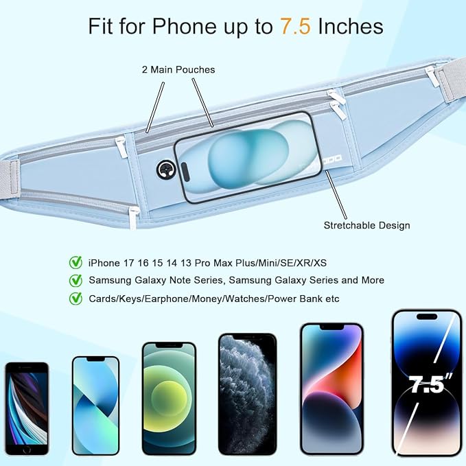 Water Resistant Fanny Pack for Men Women, Running Belt Waist Pack with Bottle Holder, Lightweight Phone Holder for Running Jogging Workout, Adjustable Money Belt for iPhone 16 17 Samsung（Blue）