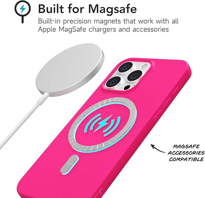 for iPhone 14 Pro Case Silicone Compatible with Magsafe Case, Ultra Slim Thin Magnetic Phone Cases Mag Safe, Cute Soft Rubber Gel TPU Matte Plain Wireless Charging Cover for Women, Hot Pink