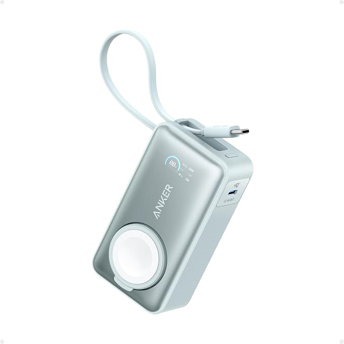 Anker MagGo Power Bank for Apple Watch, Officially Certified 10,000mAh Compact Battery Pack with Built-in USB-C Cable, 35W Max, for iPhone 15 Series, Samsung, iPad, AirPods, and More(Green)