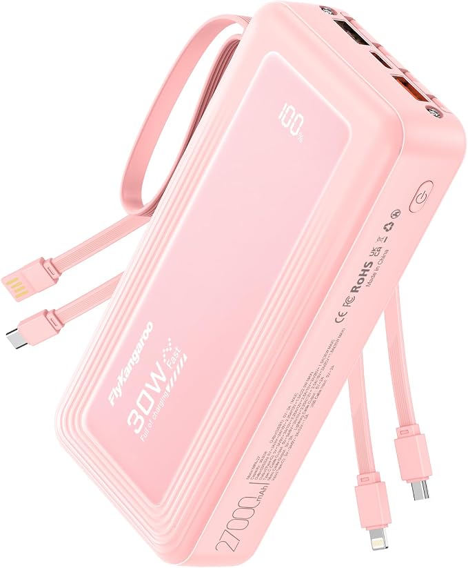 Portable Charger 27000mAh 30W Fast Charging Power Bank | Built-in Cables, LED Display, 6 Outputs & 2 Inputs, USB C Battery Pack, Compatible with iPhone, Samsung, Google