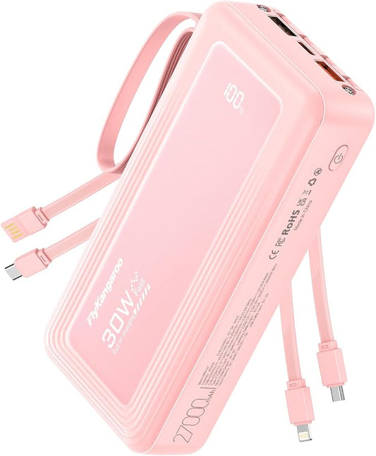 Portable Charger 27000mAh 30W Fast Charging Power Bank | Built-in Cables, LED Display, 6 Outputs & 2 Inputs, USB C Battery Pack, Compatible with iPhone, Samsung, Google