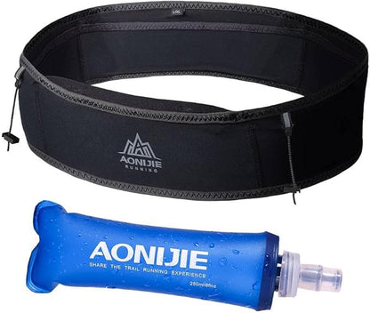 AONIJIE Running Belt Fanny Pack with 250ml Soft Water Bottle Flask for Women Men, Moisture Wicking Waist Pack Great for Marathon Climbing Jogging Cycling, for 6.8in Mobile Phone (Full Black: S/M)