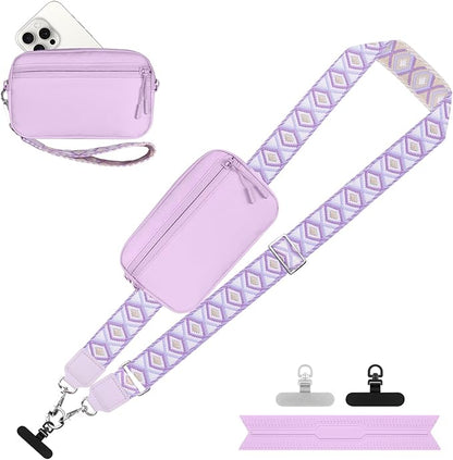 YFWE Clip and Go Strap for Phone with Wallet Crossbody, Adjustable Phone Lanyard with Detachable RFID Wristlet Wallet, Pattern Strap - Light Purple(L)