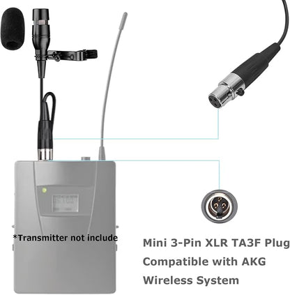 Black Lapel Lavalier Microphone Unidirectional Condenser Super Cardioid Mic Compatible with AKG Wireless Bodypack Transmitter System with Mini XLR 3 Pin TA3F Plug