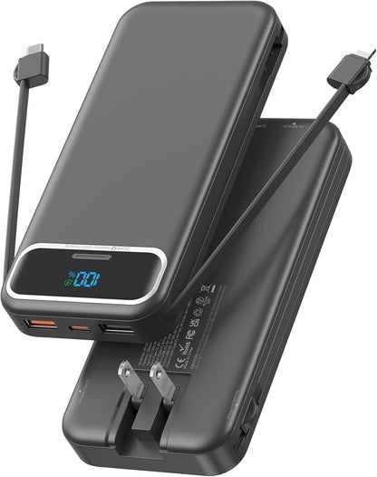Nusyddy Portable Charger 12000mAh 22.5W w/Built-in Cables & Wall Plug Black | 22.5W Fast Charging, LED Display, Pass Through Charging, TSA Approved, Portable & Slim, Power Bank for iPhone, iPad, Samsung