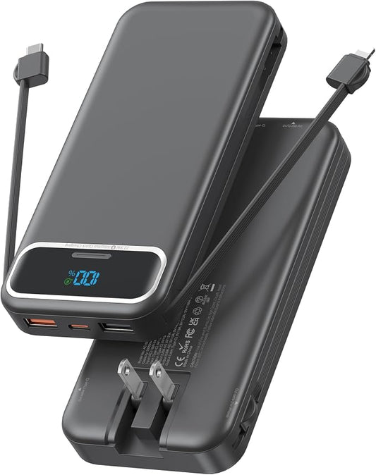 Nusyddy Portable Charger 12000mAh 22.5W w/Built-in Cables & Wall Plug Black | 22.5W Fast Charging, LED Display, Pass Through Charging, TSA Approved, Portable & Slim, Power Bank for iPhone, iPad, Samsung