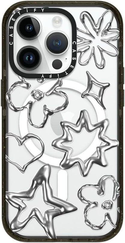 CASETiFY Impact iPhone 14 Pro Case [4X Military Grade Drop Tested / 8.2ft Drop Protection/Compatible with Magsafe] - Chrome Doodles - Clear Black