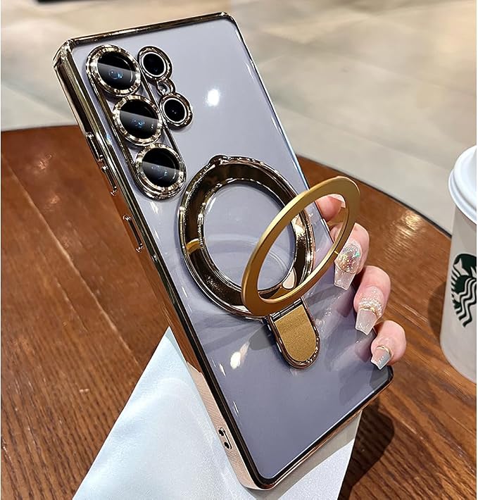 Magnetic for Samsung Galaxy S24 Ultra Case Stand & Ring Holder Compatible with MagSafe Built-in Camera Lens Protector Phone Case for Samsung S24 Ultra - Gold
