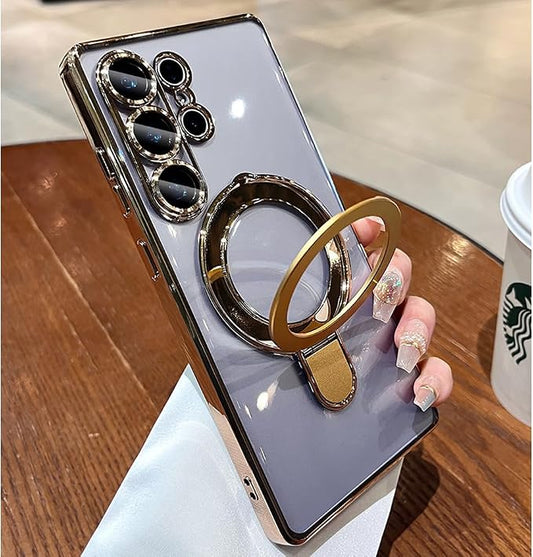 Magnetic for Samsung Galaxy S24 Ultra Case Stand & Ring Holder Compatible with MagSafe Built-in Camera Lens Protector Phone Case for Samsung S24 Ultra - Gold