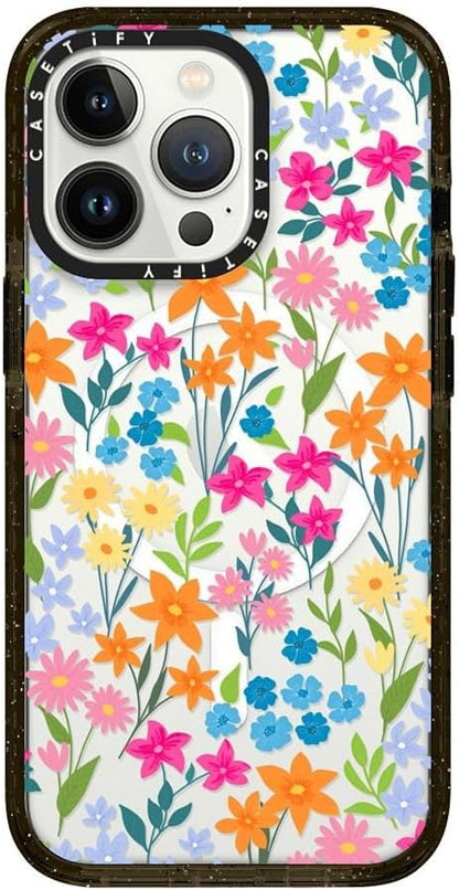 CASETiFY Impact iPhone 13 Pro Case [4X Military Grade Drop Tested / 8.2ft Drop Protection/Compatible with Magsafe] - Bright Spring Flowers - Daisy Floral Pattern - Clear Black