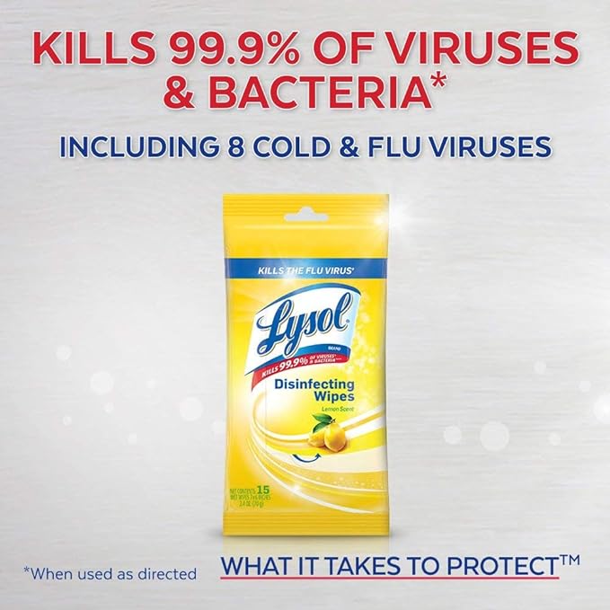 Lysol Disinfecting Wipes To-Go Pack, Lemon Scent, 15 Count (Pack of 2)