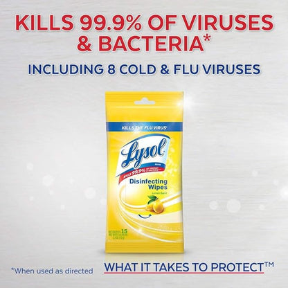 Lysol Disinfecting Wipes To-Go Pack, Lemon Scent, 15 Count (Pack of 2)