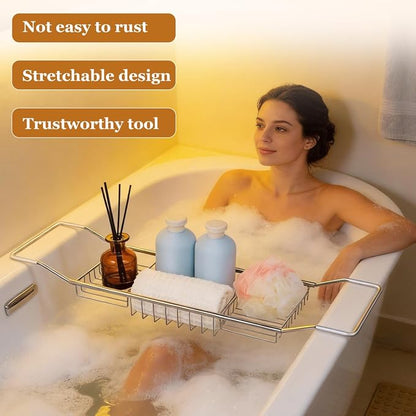 Cabilock Bathtub Tray - Stainless Steel Bathtub Caddy, Expandable Extra Wide Bath Tub Organizer, Rust-Resistant Over The Tub Shelf Rack with Non-Slip Grips for Phone Book Wine Glass, Silver