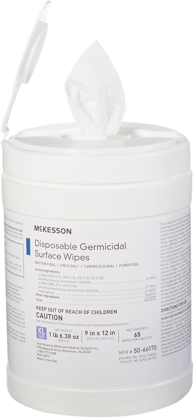 McKesson Germicidal Disinfecting Wipes [1 Pack of 65 Wipes]– XL Alcohol Wipes for Medical & Household Use, Hospital-Grade Surface Cleaner, Multi-Surface Cleaner & Sanitizer