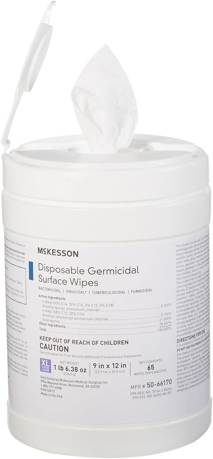 McKesson Germicidal Disinfecting Wipes [1 Pack of 65 Wipes]– XL Alcohol Wipes for Medical & Household Use, Hospital-Grade Surface Cleaner, Multi-Surface Cleaner & Sanitizer