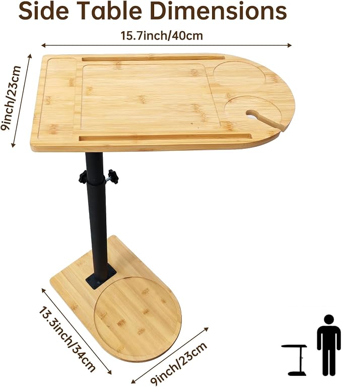 C Shaped End Table for Couch,360° Swivel Height Adjustable Couch Side Table,Thickened Base Plate,Sofa Tray with Cell Phone & Tablet Slot,C-Shaped Drink Table for Sofa/Bed/Bathtub