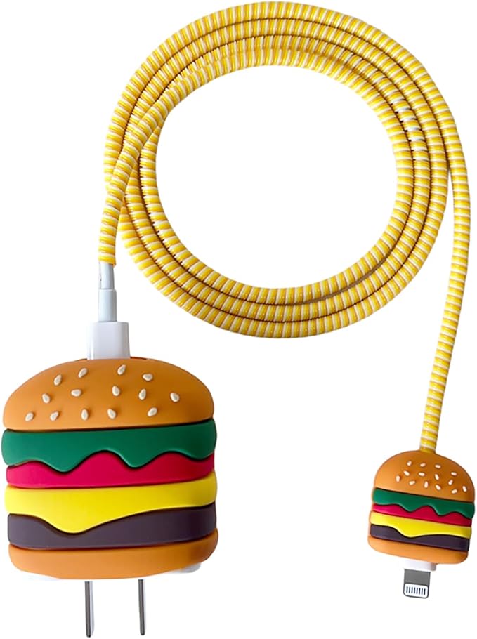 Compatible with Apple 20W/18W USB-C Adapter Charger, 3D Cartoon Protective Case for iPhone 20W USB-C Power Adapter Charger Fast Lightning Cable Cable Cover (Hamburger)