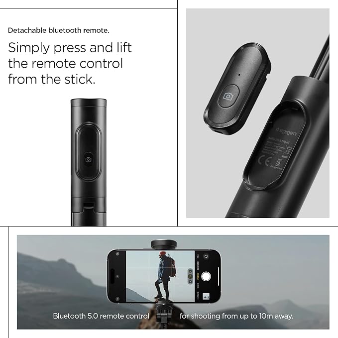 Spigen Selfie Stick Automatic Tripod Stand with Bluetooth Remote Control Shutter 57" Extendable Compatible with MagSafe iPhone 17/16/15/14/13/12 Pixelsnap Pixel 10 Series & More - Black (S541W)