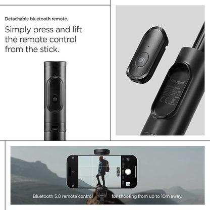 Spigen Selfie Stick Automatic Tripod Stand with Bluetooth Remote Control Shutter 57" Extendable Compatible with MagSafe iPhone 17/16/15/14/13/12 Pixelsnap Pixel 10 Series & More - Black (S541W)