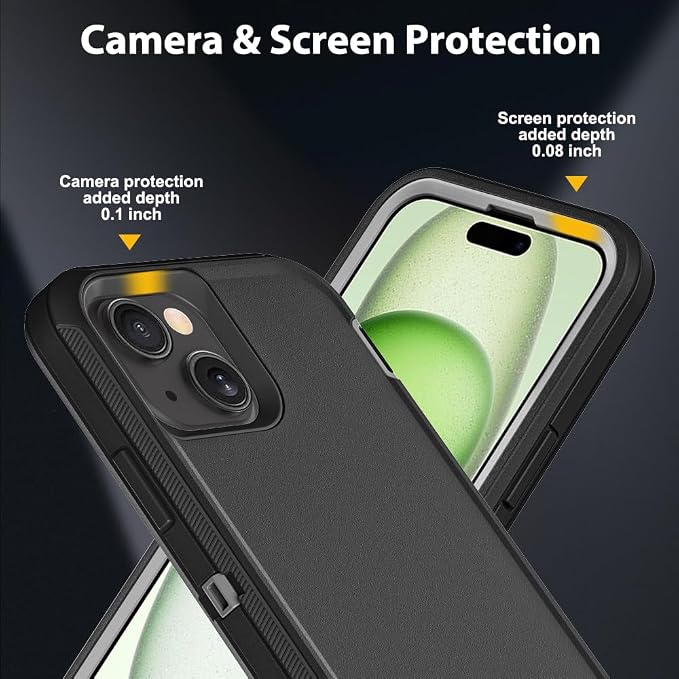 for iPhone 15 Plus Case with 2Pcs Tempered Glass Screen Protector and 1Pcs Camera Lens Protector, Military Grade 3 in 1 Heavy Duty Shockproof/Drop Proof/Dust Proof Case (Black/Grey)
