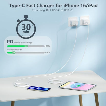 10FT USB C Cable for iPhone 17 16 15 Charger Fast Charging, Long USBC to C Charger Cable Cord with 20W Type C Fast Charger Block for iPhone 17 Pro Max/17Pro/16e/16 Pro/16 Plus/15/15 Pro max,iPad 2Pack