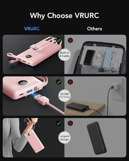 VRURC 22.5W 10000mAh Fast Charging Power Bank Built‑in 4 Cables | Portable Charger Slim,Travel Battery Pack for iPhone, Samsung & Multi Devices, Pocket‑Friendly with Lanyard-Pink(1 Pack)