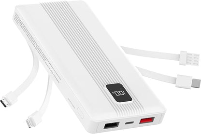 10000mAh Portable Charger with 4 Built-in Cables, 22.5W Fast Charging Power Bank, LED Display, Slim Travel Battery Pack for iPhone 17/16/15/14, Samsung Galaxy, iPad & More