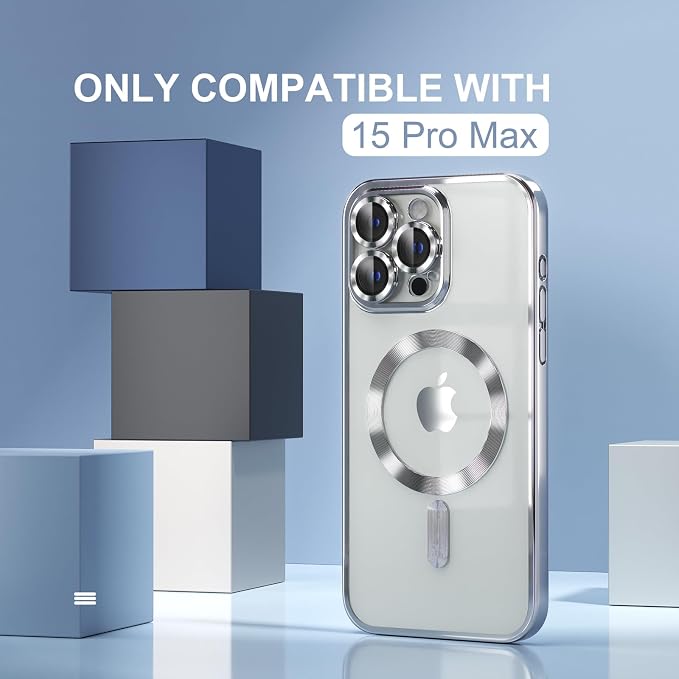Misea Magnetic for iPhone 15 Pro Max Case with MagSafe [Never Yellowing] [Military Grade Drop Protection] Full Camera Lens Protector Plating Soft Clear Phone Case for Women Girls, Silver