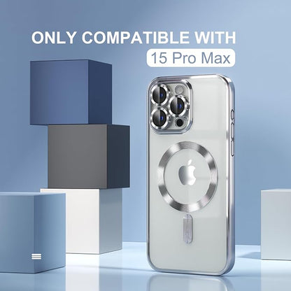 Misea Magnetic for iPhone 15 Pro Max Case with MagSafe [Never Yellowing] [Military Grade Drop Protection] Full Camera Lens Protector Plating Soft Clear Phone Case for Women Girls, Silver
