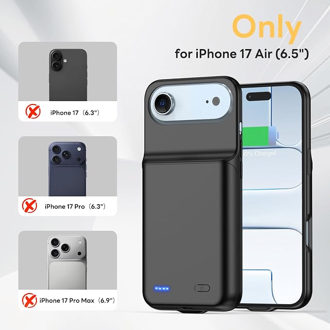 Battery Case for iPhone 17 AIR, Ultra-Slim 7000mAh Portable Extended Charging Charger Case Rechargeable Battery Pack with Tempered Glass Screen Protector for iPhone 17 AIR (6.5 inch)-Black